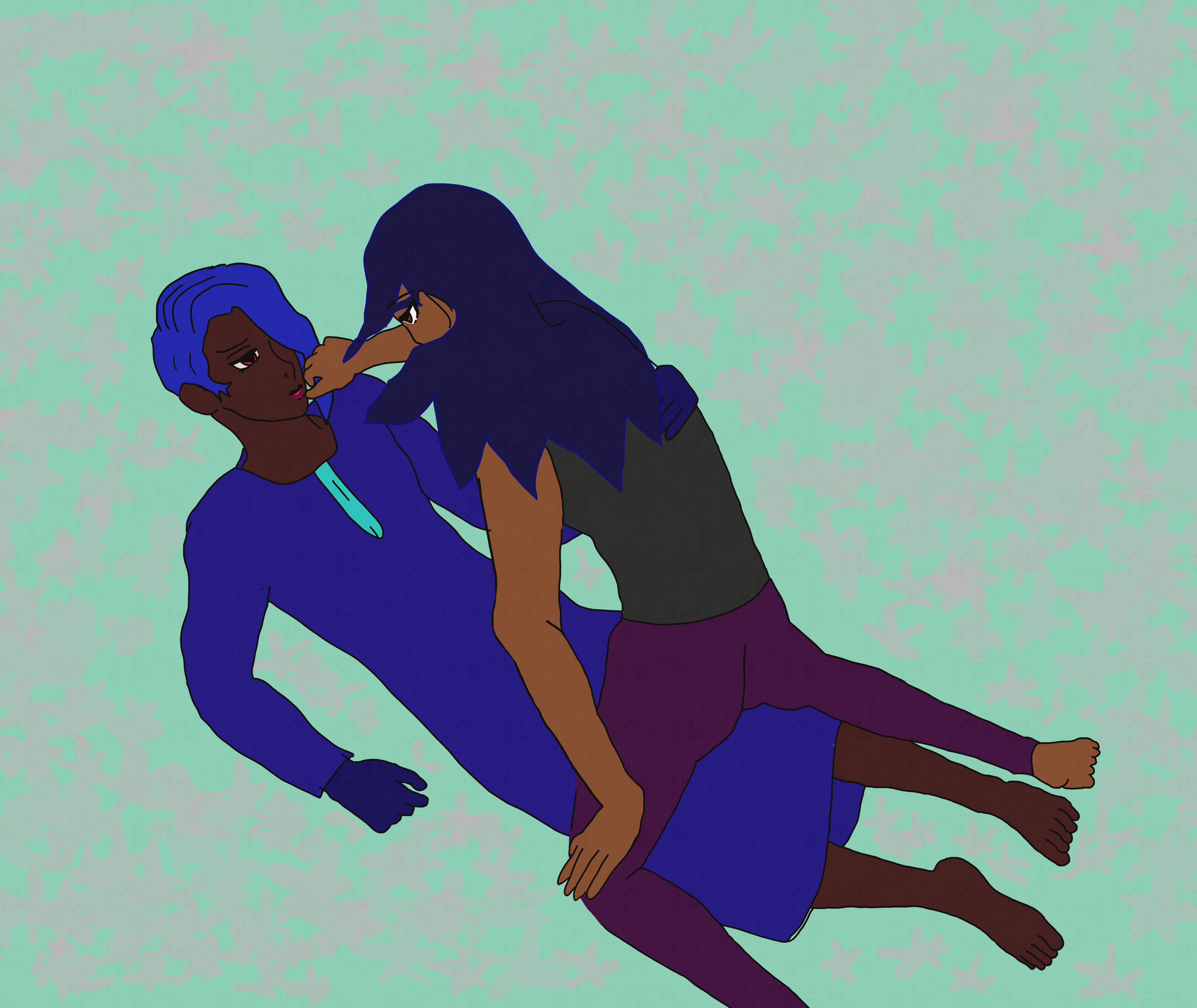 ranvir and armando atop a bed of implied pink flowers, with ranvir with red eyes and dark pink lipstick wearing a dark blue panjabi with an aqua decoration downward on his chest, dark blue gloves, and no shoes. armando has dark falling hair everywhere and is wearing a dark sleeveless shirt and violet leggings. armando is pushing ranvir's blue hair away while sitting atop of him with a mysterious and hidden expression. ranvir is smiling softly up at him and holding his back.